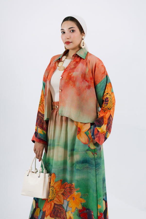 Sunflower Suit — Silky Linen Set with A-Line Maxi Skirt