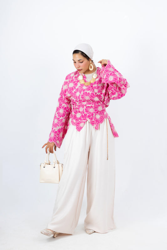 Pinky Flowers Suit — Linen Set with Detachable Embroidered Cardigan