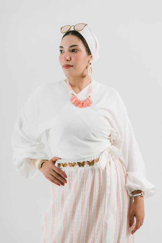 Pianca Blouse — Linen Wrap Top with Self-Tie Belt