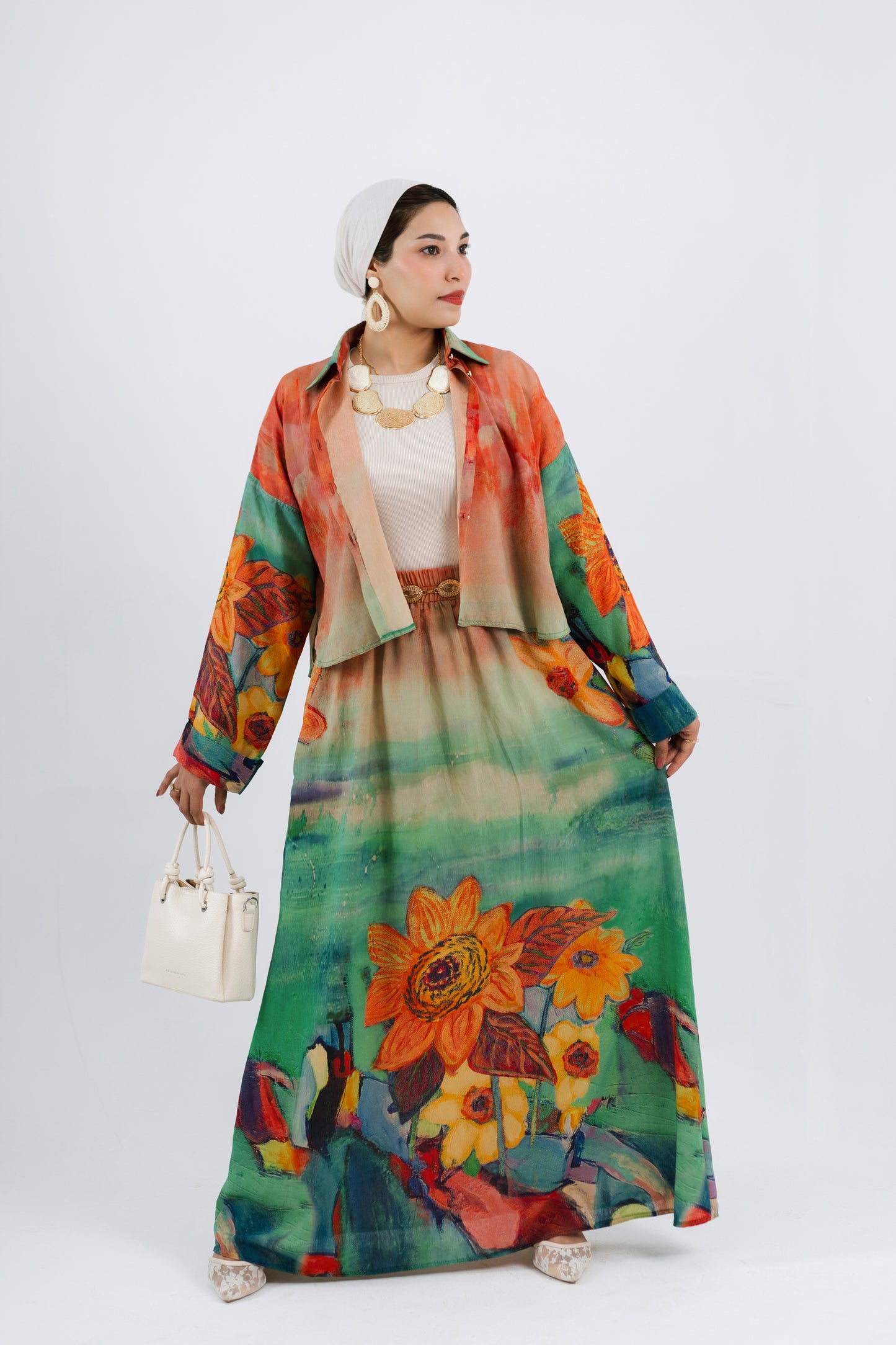 Sunflower Suit — Silky Linen Set with A-Line Maxi Skirt