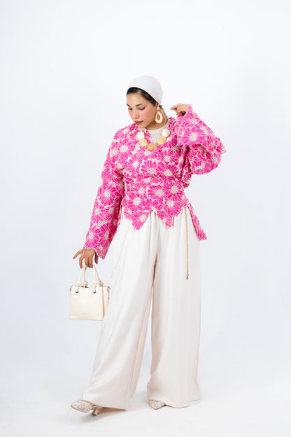 Pinky Flowers Suit — Linen Set with Detachable Embroidered Cardigan