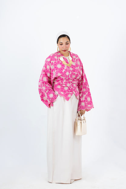 Pinky Flowers Suit — Linen Set with Detachable Embroidered Cardigan