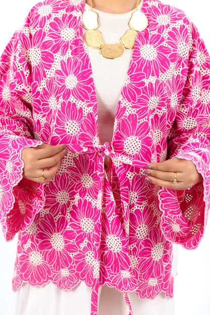 Pinky Flowers Cardigan — Hand-Embroidered Linen
