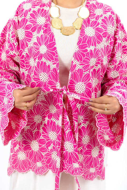 Pinky Flowers Cardigan — Hand-Embroidered Linen